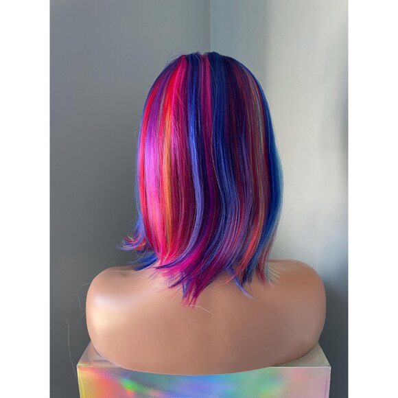 Rainbow Wig Short Wig Bright Colourful Clown Wig with Bangs 10 inch Bob Wig - Picture 5 of 9